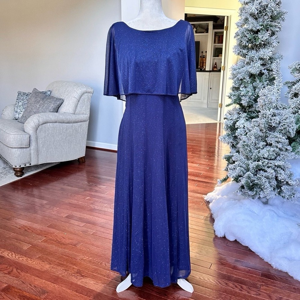 Vintage J Taylor Elegant Blue Glitter Formal No Sleeve DusterMaxi Gown Dress